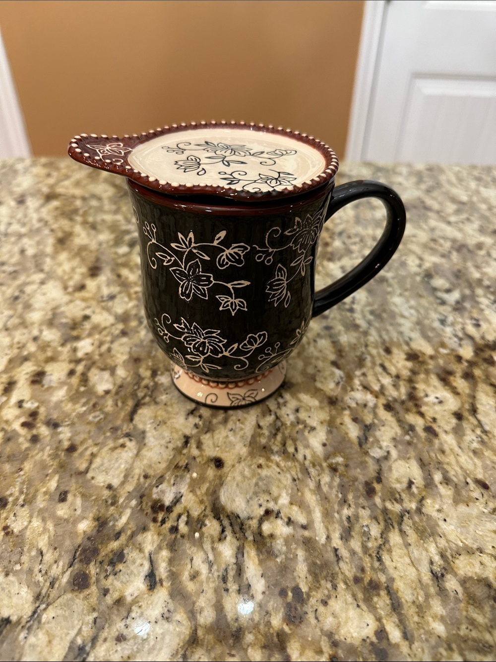 Temptations Black and Cream Floral Ceramic Mug with Lid